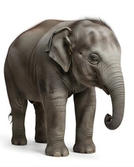 Fototapeta premium Baby Elephant Standing Isolated on White Background, Realistic Texture, Sharp Focus, Studio Shot