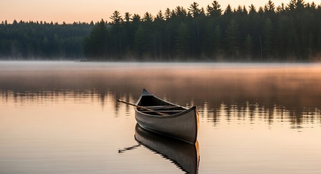 Canoe on calm water at sunrise