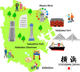 横浜旅行、手描きの観光スポットと観光客フラットイラスト