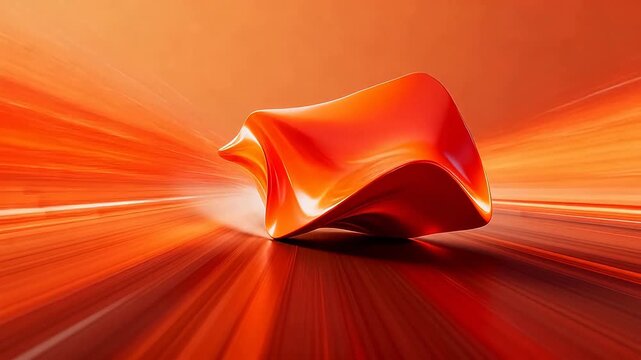 Streamlined orange red abstract 3D object with motion lines on warm background
