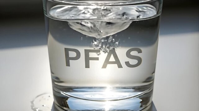 Clear Glass of Water with PFAS Etched Text and Bubbles Forming in Bright Sunlight on a White Surface with Dramatic Shadows