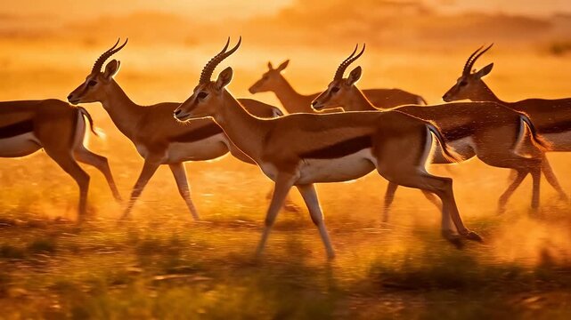 Herd of antelope running on grassland with golden sunset dust