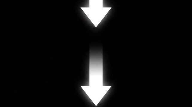 A glowing white arrow points downwards on a stark black background, indicating