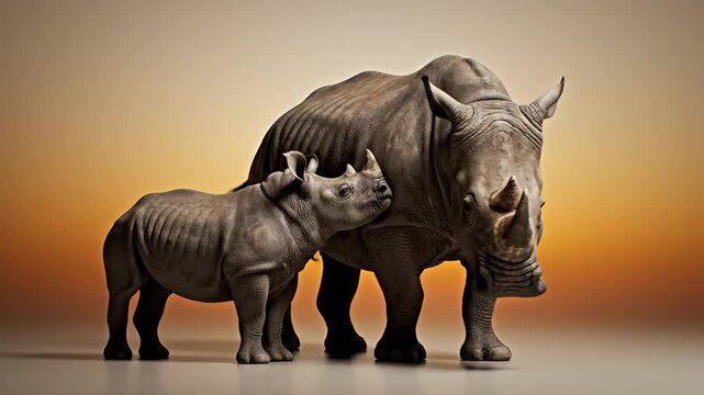 Adult and baby rhinoceros standing together in studio