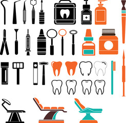 Vector black and colored designs of different types of dental therapeutic, surgical and care tools for dental treatment
