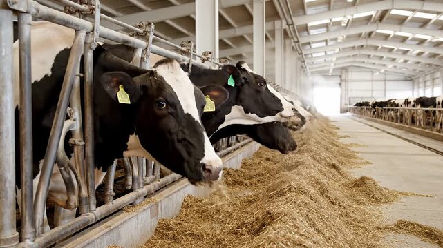 Dairy cattle consuming feed in modern production facility