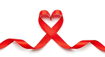 A vibrant red ribbon elegantly twisted into a heart shape on a white background.