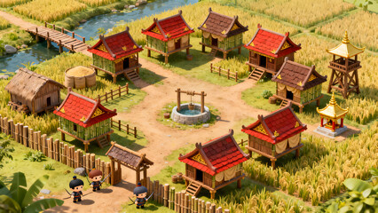 Thai ancient village around wooden houses