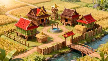 Thai ancient village around wooden houses