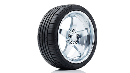 Black car tire with silver five spoke alloy wheel automotive