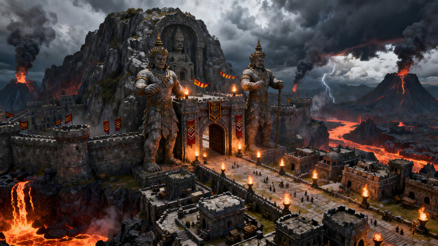 fantasy ogre stronghold city massive stone fortress carved into a mountain giant