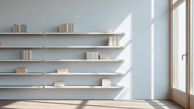 Minimalist White Bookshelves with Natural Light.