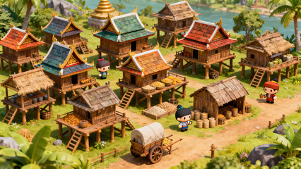 Thai ancient village around wooden houses