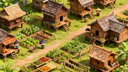 Thai ancient village around wooden houses