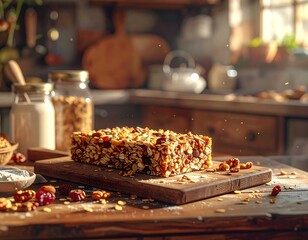 Close-up of granola bar on a wooden cutting board, kitchen background