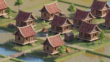 Thai ancient village around wooden houses