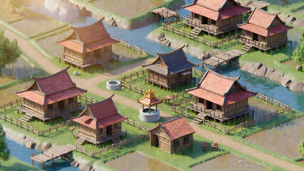 Thai ancient village around wooden houses