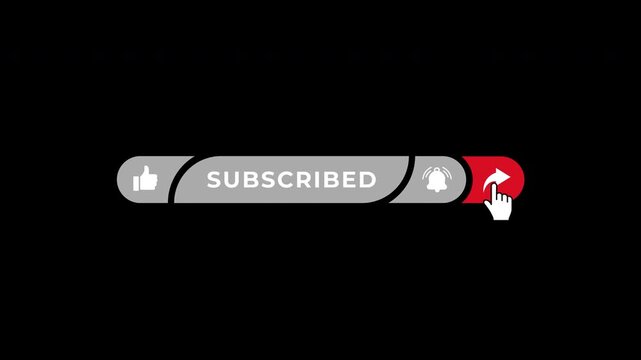 Animated YouTube subscribe button with like notification bell and share iconsfor social media channel marketing and video overlay. Alpha channel