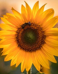 Obraz premium A vibrant sunflower with a bee, backlit by golden hour light