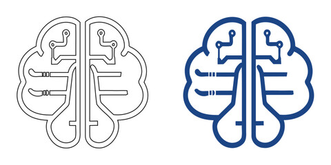 Obraz premium Artificial Intelligence Neural Network Brain Icon, Abstract Machine Learning Logic Symbol with Circuitry, Human Mind and Digital Technology Fusion, Blue Vector Graphic