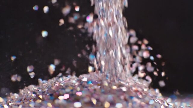 Shiny iridescent glitter particles fall and accumulate on a dark background