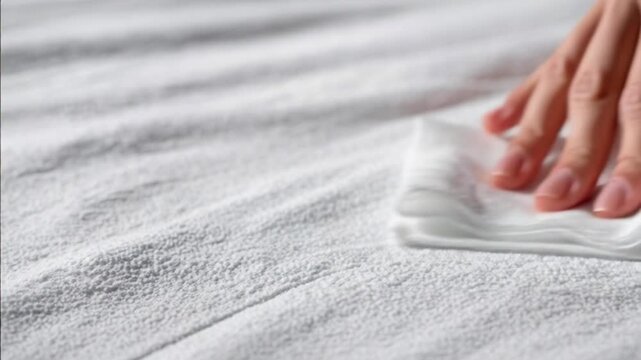 Hand Touching White Fabric with Cloth.