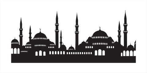A striking black silhouette depicts a skyline of mosques and minarets showcasing islamic architecture against a white background high quality professional © Topu