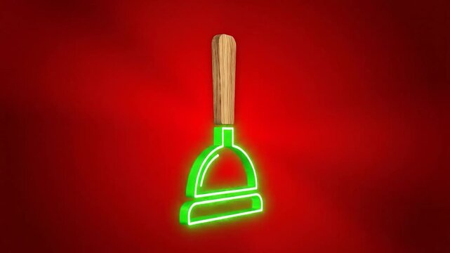 Green neon outline of a plunger with wooden handle on a red background.