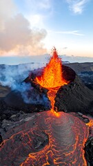Aerial view of volcanic eruption, vibrant lava flowing and smoke rising