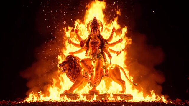 Goddess Durga Riding Lion Surrounded by Sacred Fire