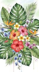 Fototapeta premium Vibrant tropical floral arrangement with exotic blooms and lush foliage.