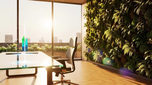 Kantor futuristik dengan tampilan holografik dan dinding hijau.