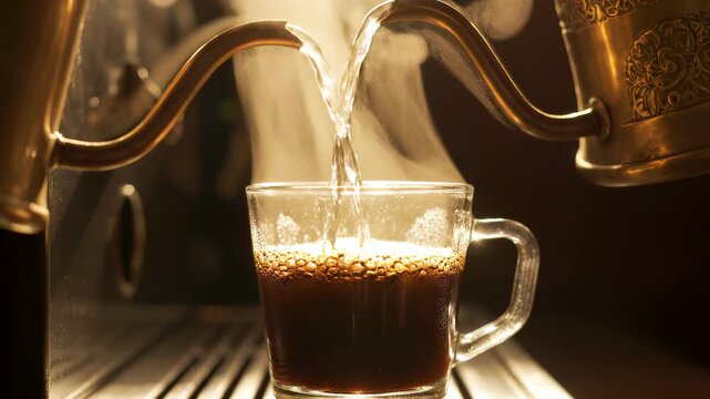 Espresso pekat dituangkan ke dalam cangkir kaca dari mesin uap.