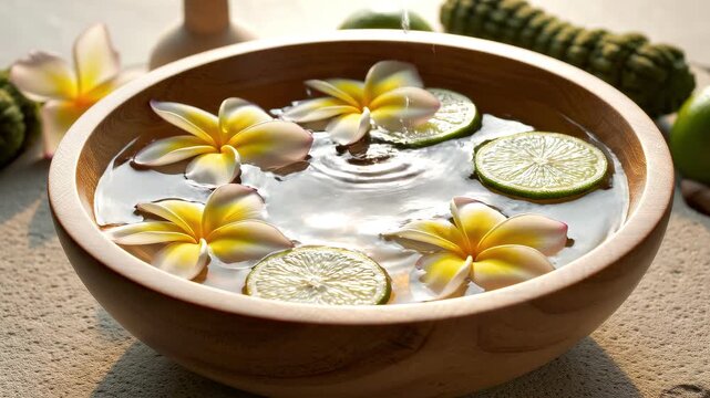 Perawatan aromaterapi dengan minyak esensial dan bunga dalam mangkuk kayu.