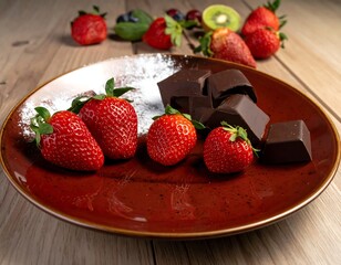 Close-up of red plate with strawberries, chocolate and fruit