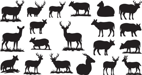 Fototapeta na wymiar Collection of various deer and animal silhouettes in black