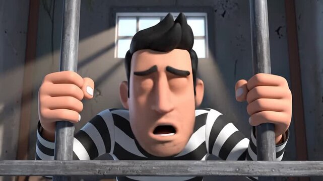 Cartoon prisoner man surprised behind jail bars in cell