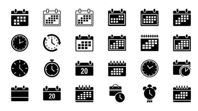 Collection of calendar and clock icons in various styles and layouts for design projects.