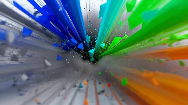 Exploding colorful geometric shapes on white background