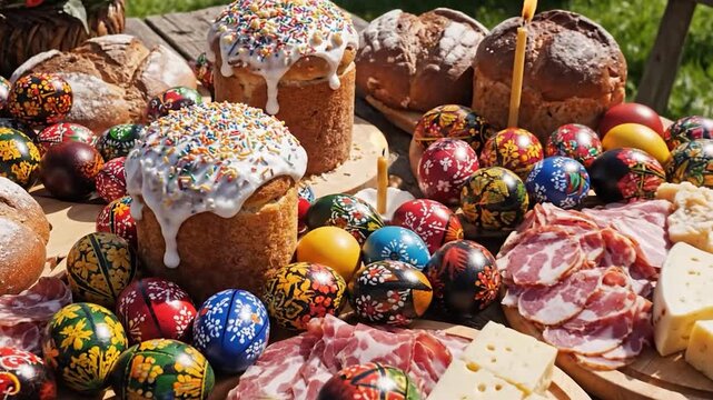 A festive outdoor Easter table with decorated eggs and traditional food.