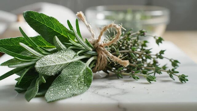 Freshly picked herbs - rosemary, sage, and thyme tied with twine on a white marble surface, ready for cooking.