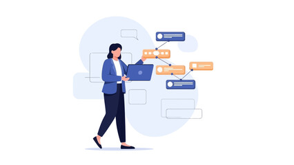 Businesswoman with laptop planning workflow, flowchart graphic design