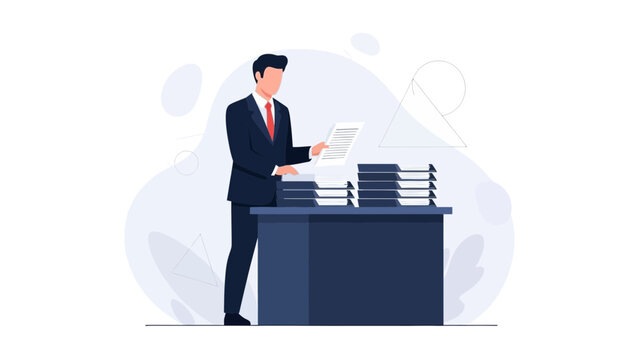 Businessman Organizing Paperwork on Desk, Business Management Concept