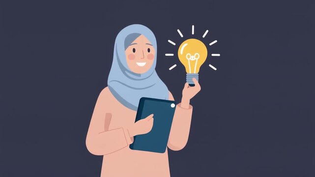 Firefly Flat vector illustration of muslim woman holding tablet with light bulb idea icon, corporate.mp4_preview