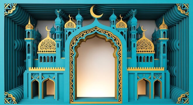 Intricate teal and gold Islamic mosque facade with arched entryway and crescent moon detail, presented in a layered papercraft artistic style, perfect for Ramadan or Eid celebrations. ramada