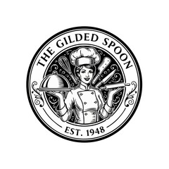 Chef logo emblem featuring cooking utensils and attire, symbolizing culinary expertise and heritage since 1948, presented in a circular design