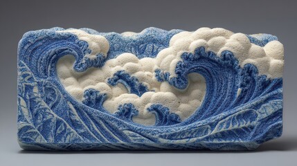 Ocean Wave Sculpture Detailed in Blue and White Mosaic on Gray Backdrop, Depicting Textured Seascape, Decorative Art with Marine Theme in Studio Lighting