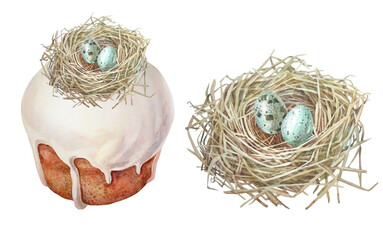 Watercolor Easter set with cake and nest with blue eggs isolated on white background. Spring bakery dessert for Christian celebration. Clipart with cupcake and icing for wallpaper or cookbook
