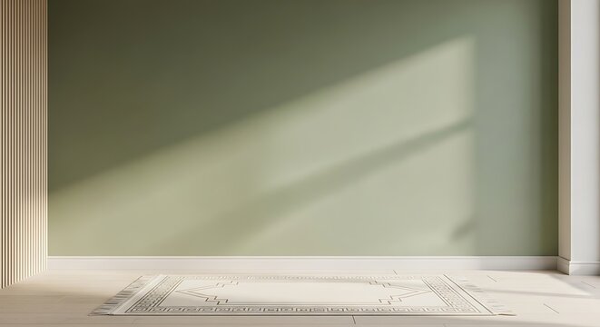 Serene minimalist room with pale green wall, a textured rug, and dramatic sunlight casting geometric shadows across the floor and wall. ramadan