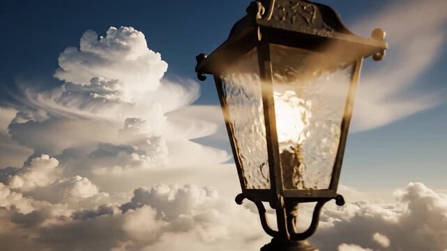 An ornate vintage lamppost illuminates the dramatic sky filled with f clouds.